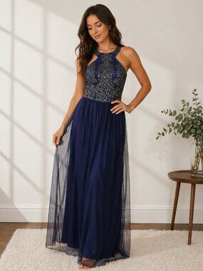 Speechless Navy Blue Beaded Formal Dress Size 13 Prom Wedding Evening Gown